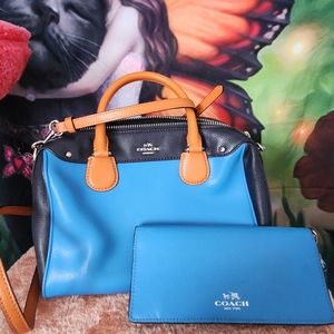 Coach Mini Bennett Two Tone Black Blue Crossbody Satchel Handbag & wallet EUC